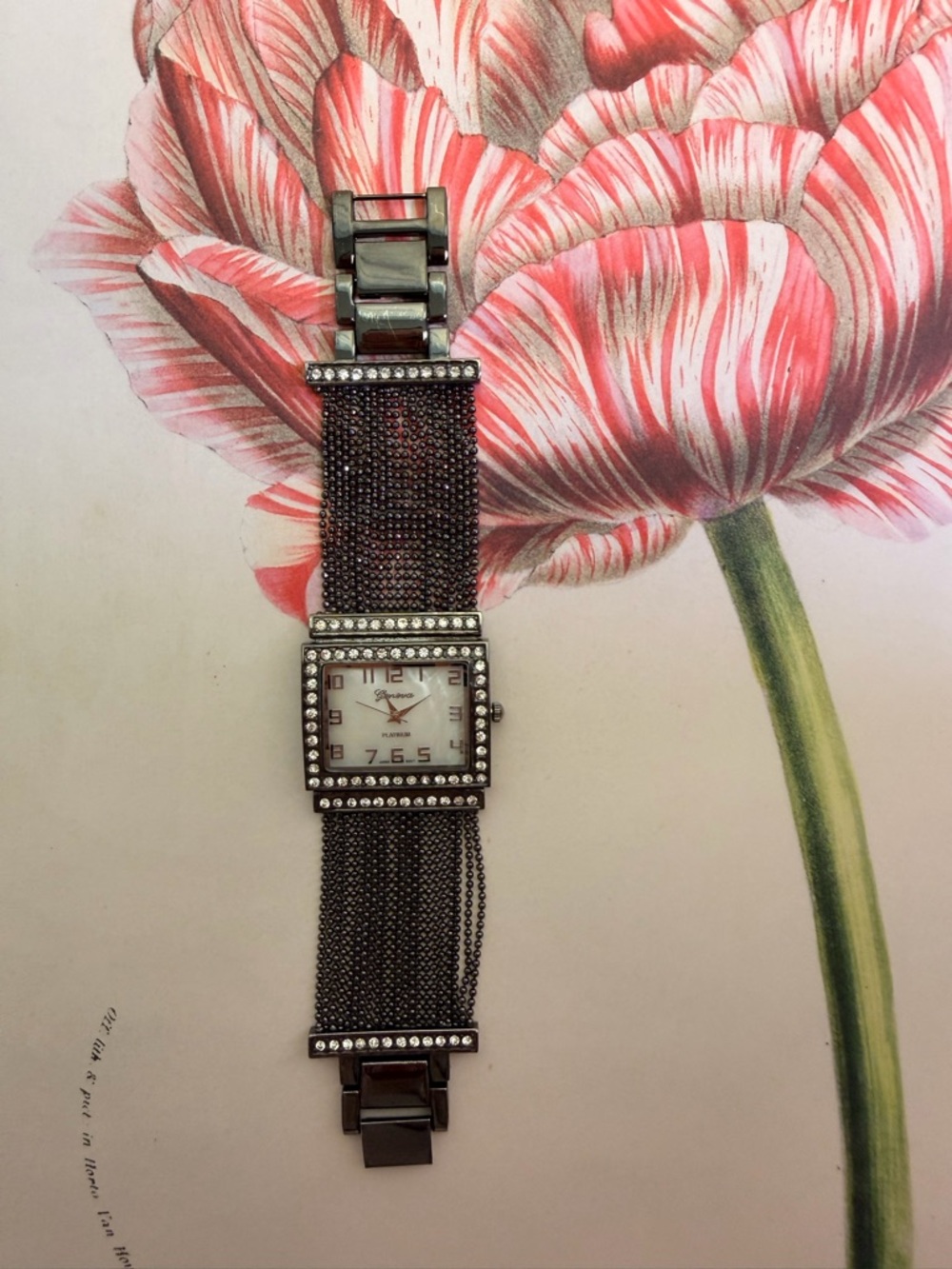 Vintage Geneva Black Rhinestone Mesh Bracelet Watch with White Dial Whimsygoth - Picture 3 of 5